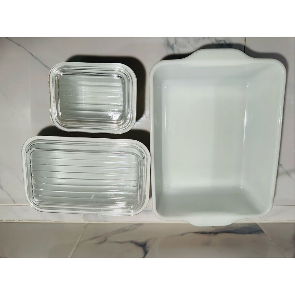 1960 Pyrex “HOMESTEAD" 500- 48 Refrigerator Dish Set 5 Ribbed Lids Box Including - Picture 4 of 9